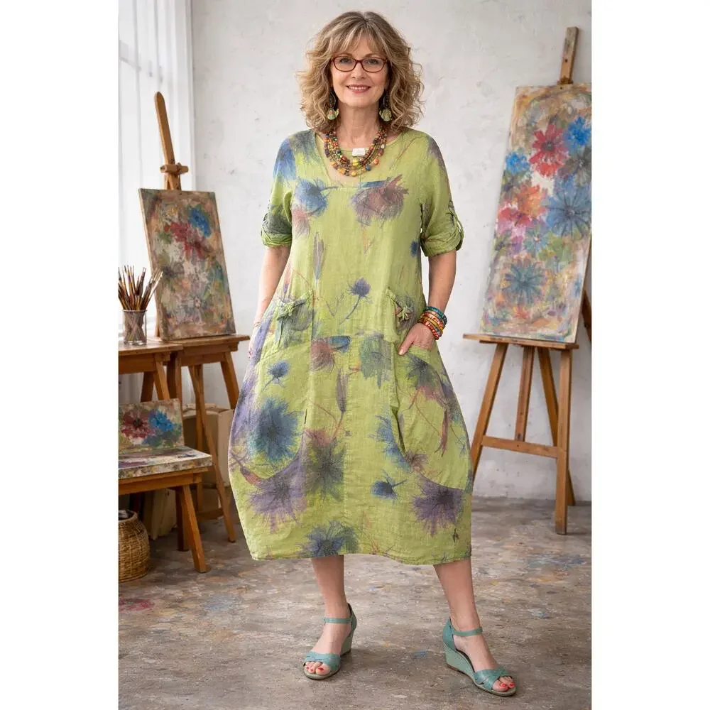 Green 100% Italian Linen Watercolor Floral Lagenlook Hobo Grunch Dress 0S Bubble